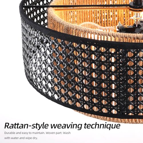 17.7" Black Bohemian Wicker Flush Mount Ceiling Light, Hand-Woven Double Layer Drum Semi-Flush Fixture for Bedroom, Living Room, Dining Room, Hallway & Kitchen - color: 17.7'' Rattan&Hemp rope Black