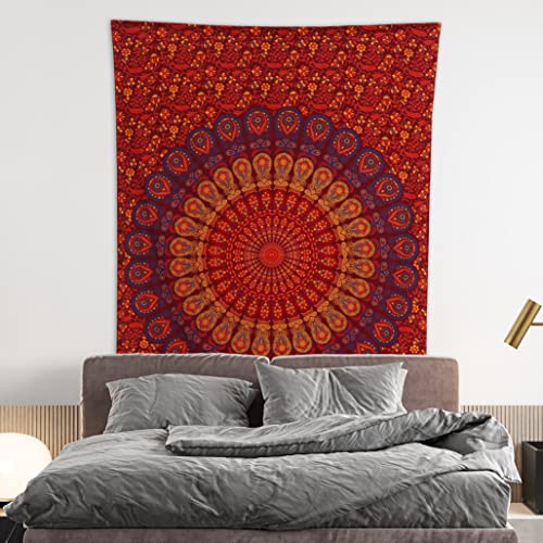 Bless International Indian hippie Bohemian Psychedelic Golden Blue Peacock Mandala Wall hanging Bedding Tapestry (Golden Brown Maroon, Medium (54x60Inches)(137x152cms)) - color: Golden Brown Maroon, size: 60"L x 54"W