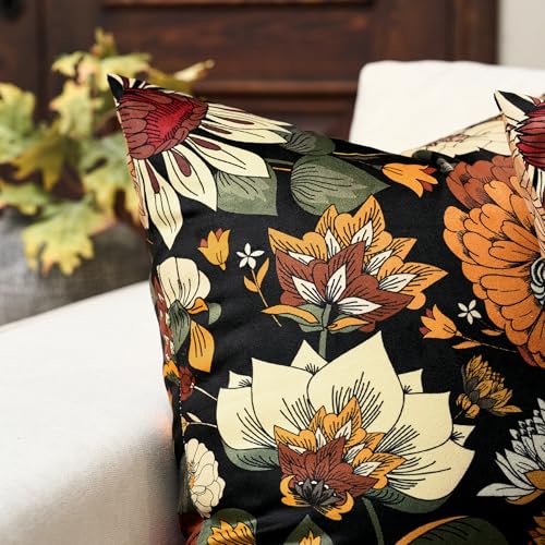 Tyrot Black Boho Floral Fall Velvet Throw Pillow Covers 16x16 Inch Set of 2 Farmhouse Cushion Covers Mid Century Modern Botanical Home Decor Pillow Cases for Couch Bed Sofa Living Room, Bedroom - color: Warm Ember, size: 16" x 16" (Pack of 2)