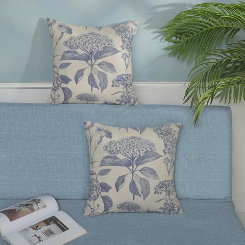 Vintage Blue Pillow Covers 16x16 Inch 2 Pcs Boho Floral Decor Throw Pillows Hydrangea Flower Seasonal Outdoor Farmhouse Neutral Accent Decoration Pillowcase Linen Cushion Cover for Couch - color: Boho Vintage Blue Hydrangea, size: 16" x 16" (Pack of 2)