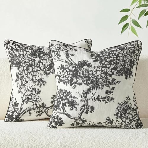 Mantle & Mason Floral 20x20 Throw Pillow Covers Set of 2, French Vintage Woven Jacquard Decorative Accent Pillow Cases for Couch, 430GSM Thick Chenille & Luxury Velvet, Black - color: Tree Pattern Black, size: 20" x 20" (Pack of 2)