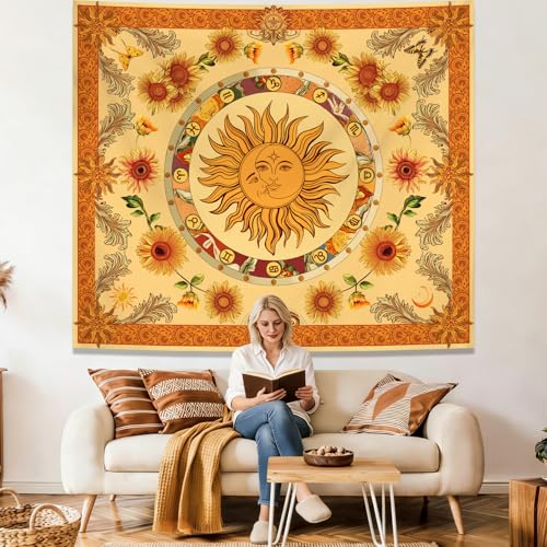 Sun and Moon Boho Orange Tapestry for Bedroom, Bohemian Vintage Floral Funny Wall Tapestries Aesthetic with Twelve Constellations for Living Room, Indian Yellow Sunflower Pagan Wall Hanging Decor for Teen Dorm Office 60" × 51" - color: Sun Boho Tapestry,