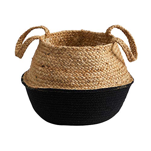 Nearly Natural 14in. Boho Chic Handmade Cotton & Jute Black Woven Basket Planter, Beige