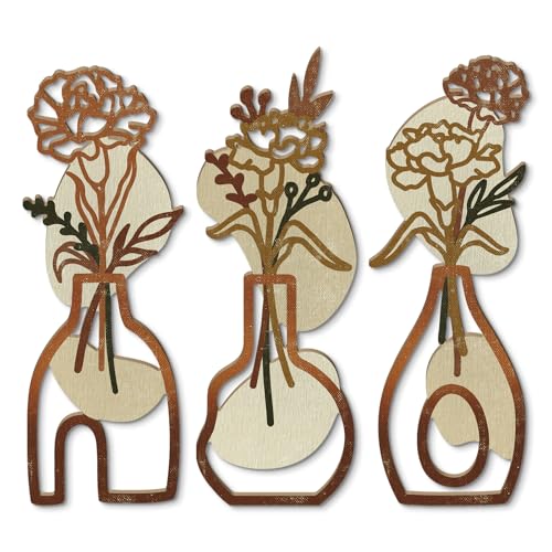 Putuo Decor Wood Flowers Wall Decor Set of 3, Rustic Farmhouse Neutral Wall Hanging, MDF Vase Panels Wall Sculptures, Minimalist Flower Wall Art for Living Room Bedroom Entryway, Orange - color: Orange
