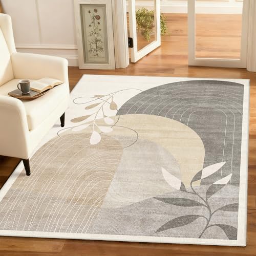 MUJOO 3x5 Washable Rugs,Boho Large Area Rug for Entryway Kitchen Entry Bedroom Bedside Foyer,Small Throw Carpet Indoor Non Slip Mid Century Modern Abstract Botanical Geometric Accent Neutral Beige - color: Beige（modern）, size: 3' x 5' (Rectangular)