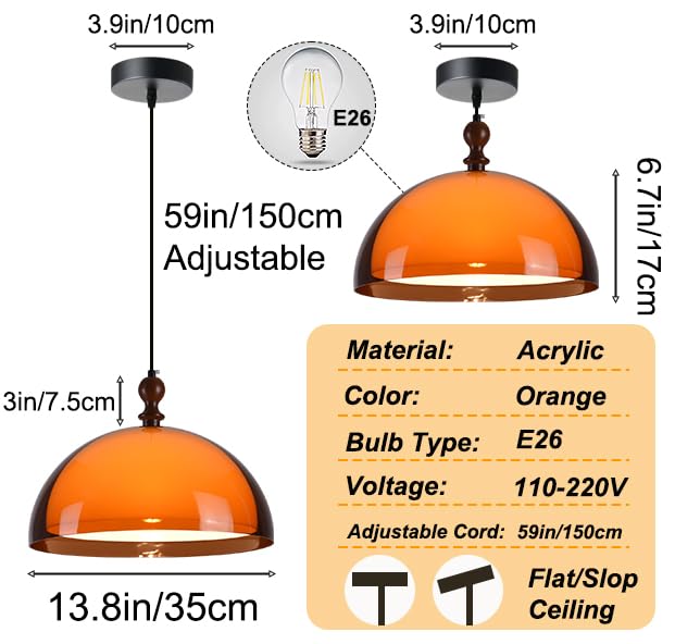 Orange Mushroom Pendant Light Modern Double Layer Dome Acrylic Hanging Light Mid Century 3 Selectable Colors Ceiling Light Fixture for Living Room Dining Room Bedroom Hallway