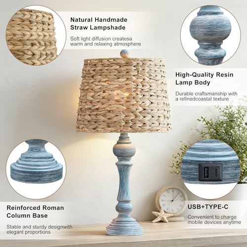 Maxax 26" Boho Rattan Table Lamps Set of 2 with USB A+C Ports, Coastal Bedside Lamps with Rattan Shade, Distressed Antique Blue Farmhouse Wicker Lamps, Rustic Resin Nightstand Lamps for Living Room - color: Antique Blue