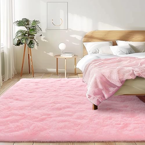 Awaytail 3x5 Fluffy Pink Area Rug - Soft Cute Shag Fuzzy Rug for Bedroom - Anti-Skid Living Room Girls Rug Pink Home Decor - color: Pink, size: 3' x 5' (Rectangular)