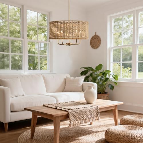5-Light Rattan Chandelier Chandeliers for Dining Room, Boho Chandelier, Coastal Hand Woven Pendant Light Fixture for Kitchen Island Entryway Foyer Living Room Bedroom UL Listed Gold - color: Gold, size: 17.7"