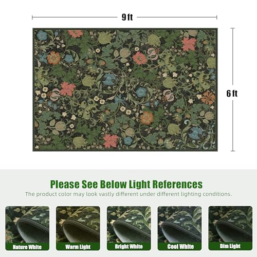 Washable Floral Area Rug 6x9 for Bedroom, Vintage Farmhouse Botanical Rug, Non Slip Low Pile Thin Floor Carpet Large Area Rug, Soft Decorative Rug for Living Room Dining Room Home Office Black Green - color: Black, size: 6'x9'