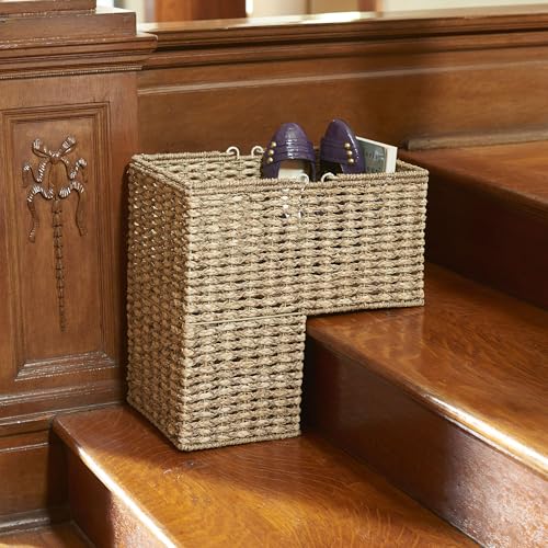 Household Essentials Handwoven Seagrass and Corn Husk Wicker Stair Basket with Iron Frame and Handles, Natural - style: Seagrass