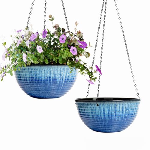 Vanslogreen 2 Pack Hanging Planters for Indoor Outdoor Plants, 10 Inch Hanging Planter with Drainage Hole & Plug Glazed Hanging Baskets Flower Pots for Garden Home (Blue Flow Glaze) - color: Blue Flow Glaze, size: 10inch