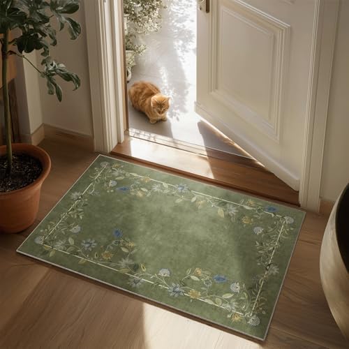 2x3 Small Area Rugs for Entryway: Machine Washable Door Mat Indoor Entrance Stain Resistant Non Slip Rubber Backed Low Pile Soft Throw Rugs for Bedroom Kitchen Front Door Indoor Entrance Foyer Entry - color: Edge Floral Green, size: 2' x 3' (Rectangular)