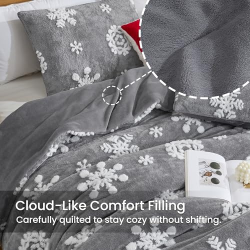 Amélie Home Christmas Comforter Set Queen, Fluffy Fleece Bedding Set with Christmas Snowflake, Grey Plush Comforter, 3 Pieces, 1 Soft Comforter and 2 Pillow Shams - color: Christmas Snowflake Grey, size: Queen (90"x90")