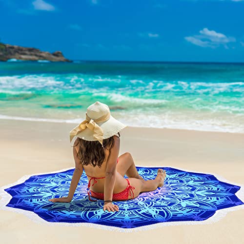 Large Microfiber Boho Mandala Beach Towel Round Bohemian Beach Blanket Hippie Indian Throw Blanket Beach Tapestry Sand Free Quick Dry Yoga Picnic Mat Wall Decor Circle Tablecloth,59'',Ocean Blue - color: Ocean Blue Mandala