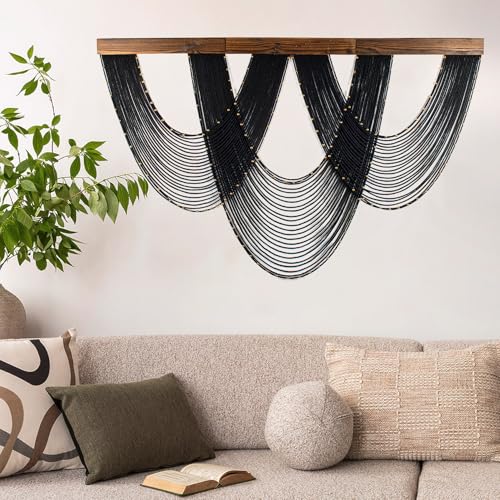 LB Large Macrame Wall Hanging Black, Boho Tapestry Wall Hanging Macrame Wall Art Handmade Yarn Woven Wall Art Modern Home Decor Headboard Wall Decor for Bedroom Living Room Dorm Nursery, 47x30 Inch - color: Black Gold