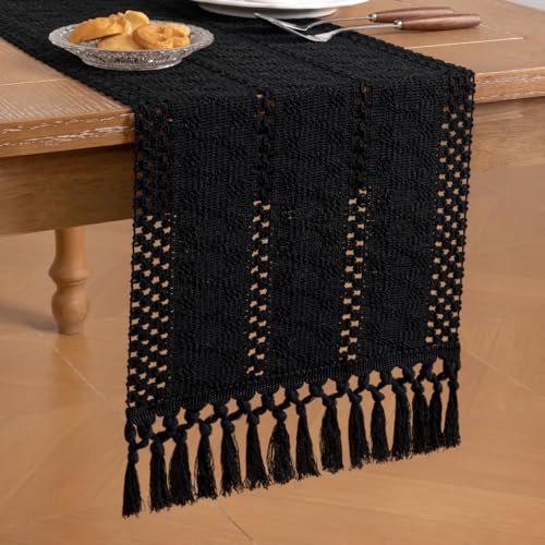 Socomi Boho Table Runner Summer Farmhouse Woven Cotton Linen Rustic Coffee Table Runner with Tassels for Dresser Scarf Home Decor Dining Room 12x90 inch Black - color: Black, size: 12" X 90"