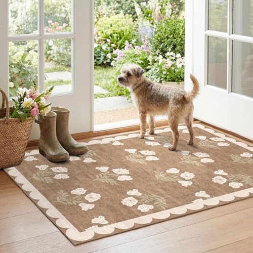 Floral Outdoor Rug - 28" x 43" Spring Front Door Mat Indoor Outside Entrance Non-Slip Washable Outdoor Mat Tan Boho Neutral Farmhouse Throw Rugs for Entryway Kitchen Bedroom Front Porch Decor - color: Flower - Brown, size: 2'4" x 3'7" (Rectangular)