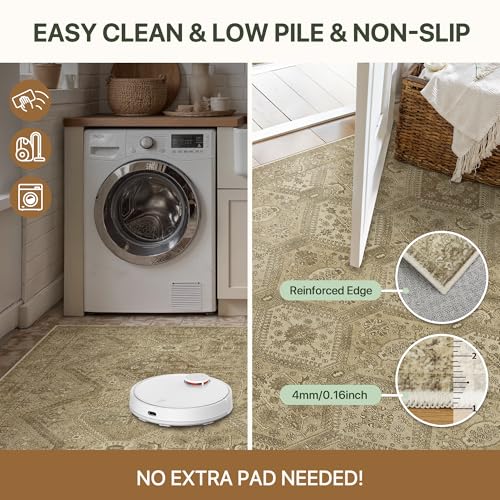 Bavni 2x3 Entryway Rug for Front Door Bathroom, Washable Vintage Print Carpet, Low Pile Lightweight Rug with Non Slip Backing, Light Brown - color: Area Brown, size: 2' x 3' (Rectangular)
