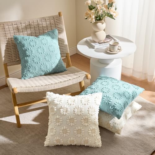 EMEMA Cream Floral Tufted Throw Pillow Covers, Set of 2 Soft Textured Decorative 20x20 Cushion Cases Bringing a Light, Cozy Layer to Sofa, Couch, Bedroom or Modern Farmhouse Living Room Décor - color: White-little Flower, size: 20" x 20" (Pack of 2)