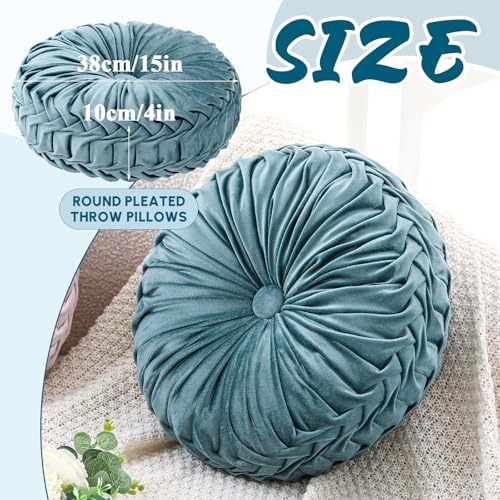 Drydiet 1 Pcs Round Throw Velvet Pillows Decorative Pleated Throw Pillows Diameter Accent Pumpkin Boho Chair Cushion for Couch Sofa Home Decoration (Dusty Blue,15'') - color: Dusty Blue, size: 15''