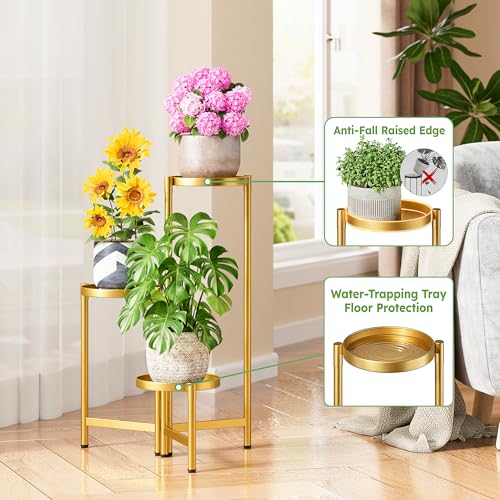 3 Tier Gold Plant Stand Indoor with 7.9 Inch Wide Tray, 3-Tiered Corner Metal Outdoor Flower Holder Stand, Folding Tall Rack for Display Shelf for Patio Porch Balcony - GoldDisk - color: GoldDisk, size: 3-tiers