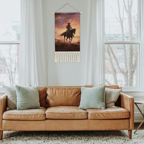 MUSM Boho Wall Hanging with Tassels - 10x19.6 Inch Cotton Linen Tapestry Art Print, Wood Frame & Hanging Rope, Cowboy West Poster for Living Room, Bedroom, Hallway Decor