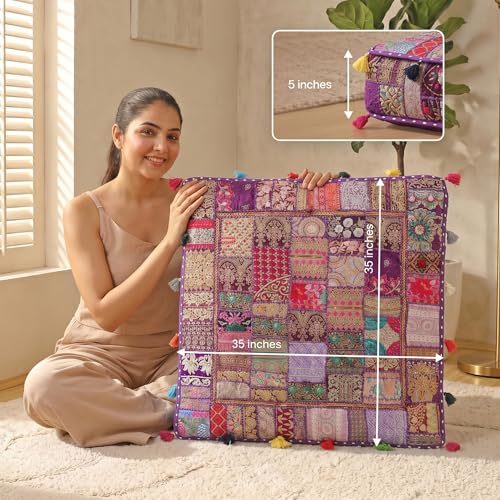 THE ART BOX Cotton Patchwork Vintage Boho Embroidered Floor Pillows & Cushion Cover Dog Pouf Seating Pouf Meditation Pillow Pet Bedding Cat Bed Boho Home Décor (35x35 Inches, Cover Only) - color: Purple