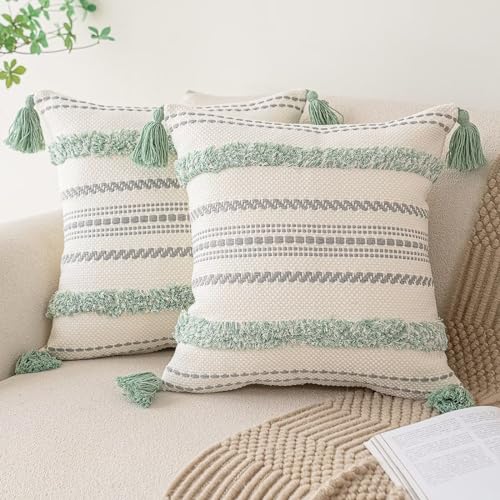 Boho Throw Pillow Covers 18x18 Set of 2 Woven Tufted Farmhouse Pillows Cover with Tassels Textured Striped Cushion Case Neutral Pillow Cases Decorative Pillowcase for Sofa, Couch, Bed, Light Green - color: Light Green, size: 18" x 18" (Pack of 2)