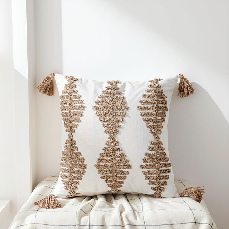 Andreannie Pack of 2 Boho Tufting Throw Pillow Cover Embroidered Textured Cushion Cover with Tassels Soft Home Decororative for Couch Sofa 18x18 inch (Boho Brown) - color: Boho Brown