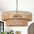 21.6 Inch Boho Rattan Chandelier, 5-Lights Hand Woven Bohemian Chandeliers with 2-Tier Drum Wicker Shade, Modern Farmhouse Large Pendant Light Fixture for Dining Room Living Entryway Bedroom - color: Black Metal, size: 21.6 Inch