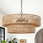 21.6 Inch Boho Rattan Chandelier, 5-Lights Hand Woven Bohemian Chandeliers with 2-Tier Drum Wicker Shade, Modern Farmhouse Large Pendant Light Fixture for Dining Room Living Entryway Bedroom - color: Black Metal, size: 21.6 Inch