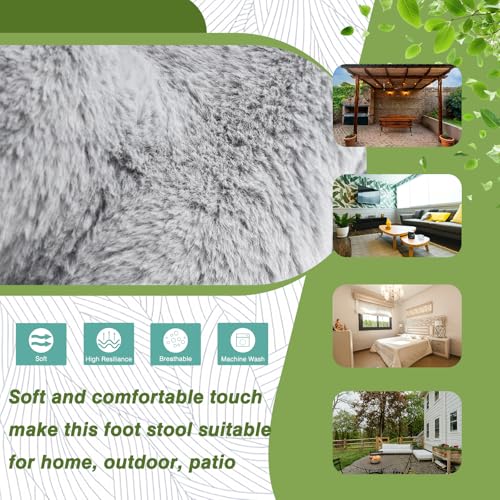 15" Foldable Foot Stool Ottoman with Metal Frame - Washable Faux Fur Grey Upholstered Indoor/Outdoor Footrest for Living Room, Bedroom, Patio - Space-Saving Compact Design - color: Fleece-grey