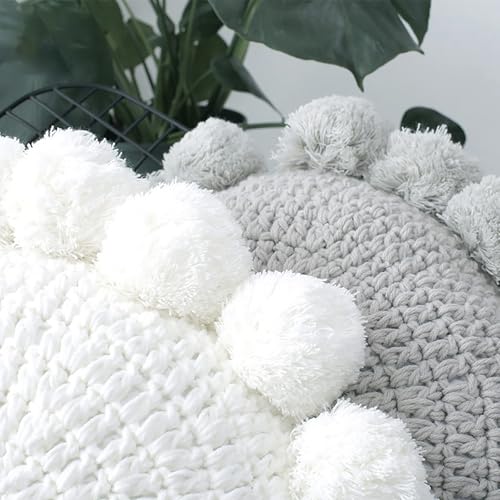 Byitre Bohemian Round Pillow 20 Inch | 100% Cotton Decorative Pillow Hand Tufted with Chunky Textured Poms | Boho Throw Pillow for Bed or Couch | Natural Beige Throw Pillow - color: Sunflower Beige