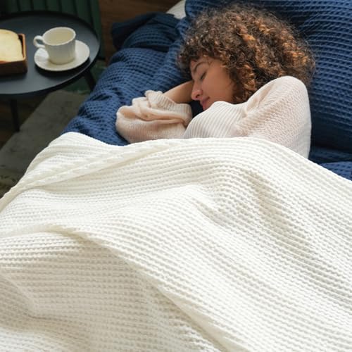 PHF Pre-Washed Cotton Waffle Weave Blanket Throw Size for Couch Bed,Snag Proof Spring Summer Lightweight Breathable,Oeko-TEX Certified,Machine Washable, Home Decor Gift，Cream - color: Cream, size: Throw(50" x 60")