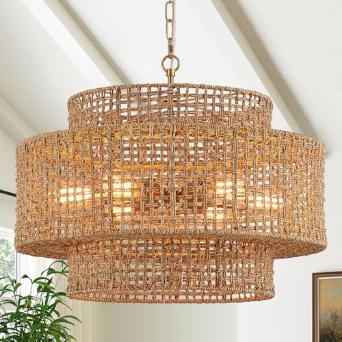 23.8" Large Rattan Chandelier Light Fixture, 6-Light Vintage Farmhouse Boho Light Fixture 3-Tier Drum Hand-Woven Wicker Gold Chandeliers for Dining Room, Kitchen, Living Room - color: Gold 23.8"