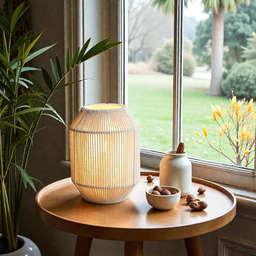 JHY DESIGN Boho Rattan Woven Lampshade Table Lamp 8.5" H Cotton Rope Bedside Lamp Cordless Decorative Battery Operated Lamp with 6 Hours Timer for Bedroom Living Room Wedding Parties Patio - color: 8.5"H Off-white