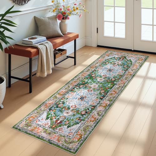 U'Artlines 2' x 6' Boho Hallway Runner Rug, Non Slip Washable Vintage Farmhouse Kitchen Rug Accent Area Carpet for Entryway Laundry and Living Room (Green) - color: Green, size: 2' x 6' (Runner)