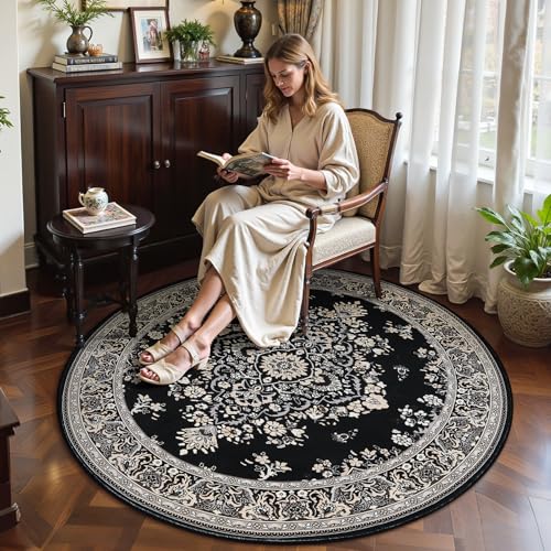 HOMORE Vintage Round Rug 4ft Washable Non Slip Circle Rugs 48inch Indoor Carpet for Bedroom Living Room Dining Room Kids Room Home Office Dorm,Black - color: Black, size: 4' (Round)