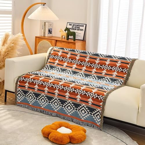 CLOTHKNOW Aztec Boho Throw Blanket (63''x 86'') Southwestern Bed Throws Reversible Blue Brown Blankets for Couch Chair Sofa Home Outdoor Beach Tent Travel Camping - color: Blue Brwon, size: 63''x 86''