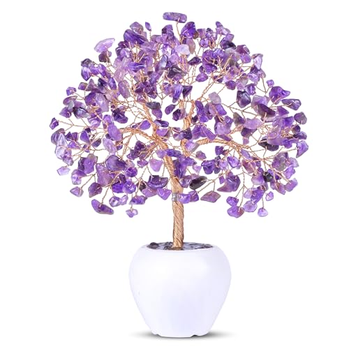 Amethyst Stone Chakra Crystal Tree Money Tree Feng Shui Gemstone Tree of Life with Pot Base, Good Luck Trees Christmas Home Office Desk Crystal Decor Ornament Stress Relief, Spiritual Insight - color: Amethyst Copper Wire