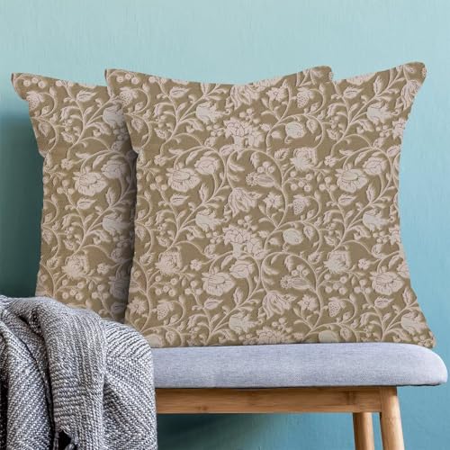Spring Khaki Floral Throw Pillow Covers 18x18 Set of 2, Khaki Flower Print Decorative Pillow Cover Neutral Vintage Decoration Outdoor Cushion Cover for Sofa Couch Farmhouse Room - color: Print Khaki, size: 18" x 18" (Pack of 2)