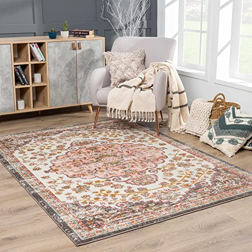Hauteloom Oark Oriental Bohemian Living Room Bedroom Area Rug - Boho Vintage Distressed Carpet - Medallion - Soft Color Carpet - Pink, Beige, Orange - 7'10" x 10'3" - color: Brick Red, Camel, Charcoal / Oark, size: 7'10" x 10'3" (Rectangular)