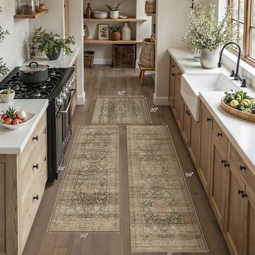 Vintage Kitchen Rug Set of 3 Washable Green Brown Kitchen Mats for Floor Non-Slip Kitchen Runner Rug Soft Low Pile Distressed for Bathroom Laundry Hallway Sink Entryway - color: Retro/Green Brown, size: 20"x32"+20"x48"+20"x59"