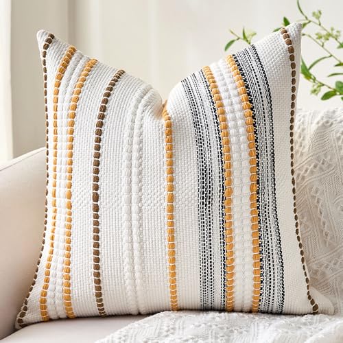Farmhouse Throw Pillow Covers 18x18 Accent Fall Pillow Cover Boho Pillows Textured Woven Pillow Cases Striped Decorative Mustard Yellow Cushion Cases for Couch Sofa Bed Living Room(Pack of 1) - color: Orange, size: 18" x 18" (Pack of 1)