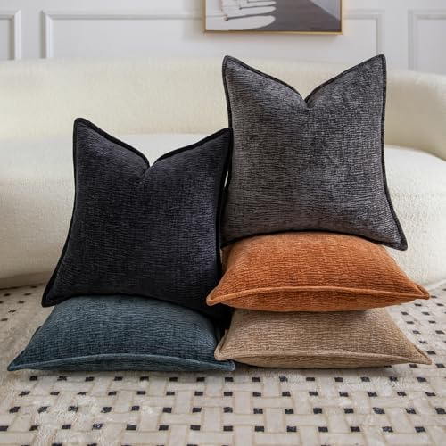 MADIZZ Pack of 2 Decorative Euro Sham Covers Soft Chenille Throw Pillows Solid Textured Cushion Covers for Couch Sofa Bedroom Living Room 24x24 Inch, Black - color: Black, size: 24" x 24" (Pack of 2)