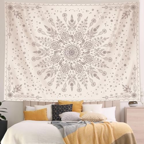 Lunerfex Boho Floral Tapestry Mandala Wall Tapestry, Cute Tapestries for Bedroom Beige Flower Tapestries Wall Hanging for Bedroom Living Room Decor Beige-1 44"x60" - color: White Black, size: 60"L x 44"W
