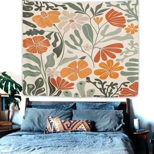 Yookeb Abstract Retro Matisse Flower Tapestry 59W by 51H Inch Wall Hanging Sage Green Orange Groovy 70s Funky Trendy Aesthetic Bedroom Living Room Dorm Polyester Fabric Home Decor - color: Sage Green Orange, size: 59"L x 51"W