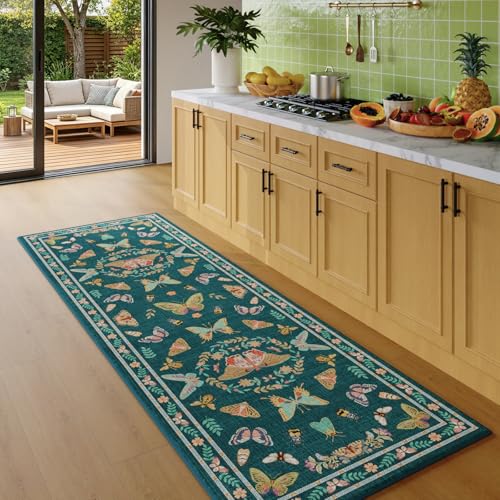 Unirea 2x6 Dark Blue Runner Rug, Washable Non Slip Insect Botanical Rug for Hallway, Kitchen, Bathroom, Laundry Room, Entryway, Bedroom, Soft Boho Door Mat Indoor Entrance Bug Rugs, Low Pile Carpet - color: Dark Blue, size: 2'x6'