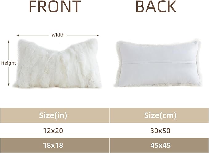 MOOX Rabbit Fur Throw Pillow Covers Decorative Fluffy Soft Fuzzy Plush Luxury Genuine Animal Skin Lumbar Pillow 12"x20" Cushion Cover, Sofa, White